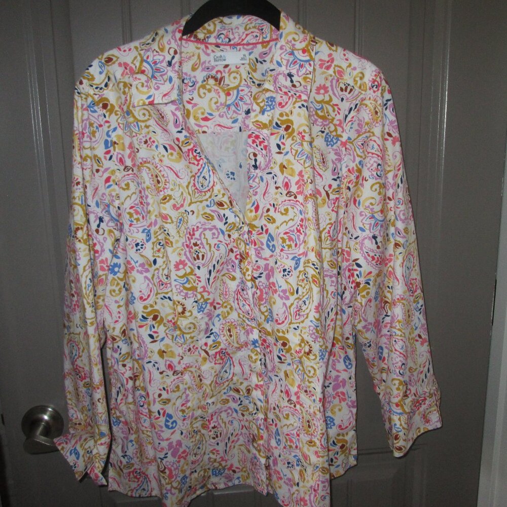 Croft & Barrow XL Button Front Shirt Pastel Floral/Paisley Design, Elbow Length